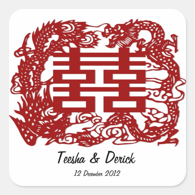 Pegatina Cuadrada guardar la fecha boda de doble felicidad rojo (Anverso)