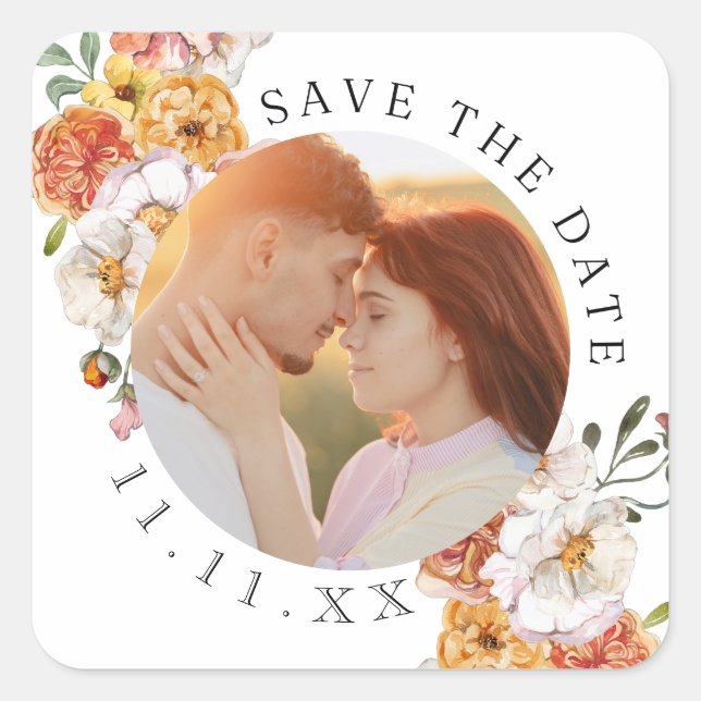 Pegatina Cuadrada Guardar la fecha floral con foto personalizada (Anverso)