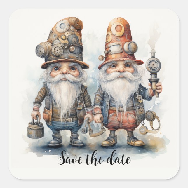 Pegatina Cuadrada Guardar la fecha Gnomes con linterna y herramienta (Anverso)