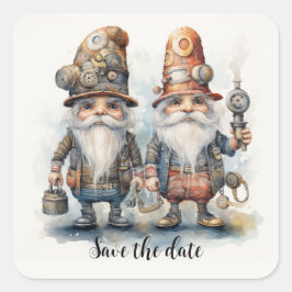 Pegatina Cuadrada Guardar la fecha Gnomes con linterna y herramienta