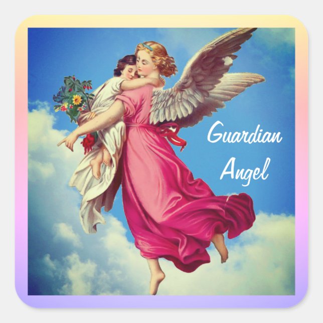 Pegatina Cuadrada Guardian Angel And Child Inspirational  (Anverso)