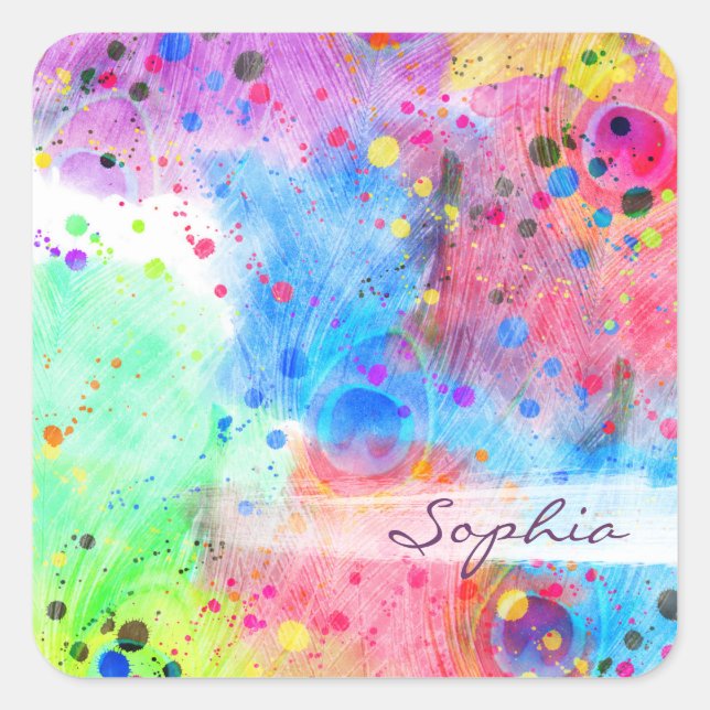 Pegatina Cuadrada Guay acuarela pavo real plumas abstractas (Anverso)