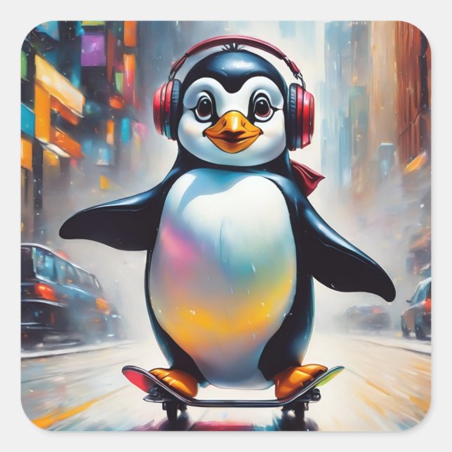 Pegatina Cuadrada Guay de pintura de arte digital pingüino (Anverso)