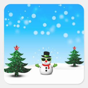 Pegatina Cuadrada Guay divertido Snowman Sparkly Árboles de Navidad