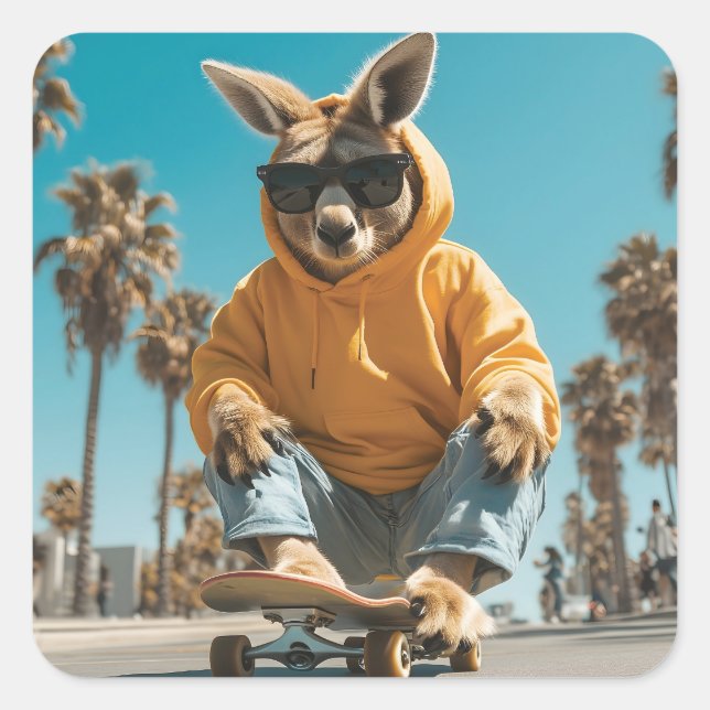 Pegatina Cuadrada Guay Kangaroo en gafas de sol en una skateboard (Anverso)