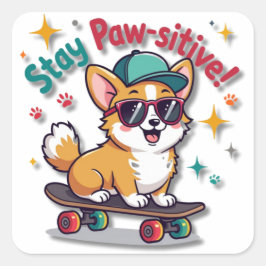 Pegatina Cuadrada Guay Kawaii Corgi en un patineta