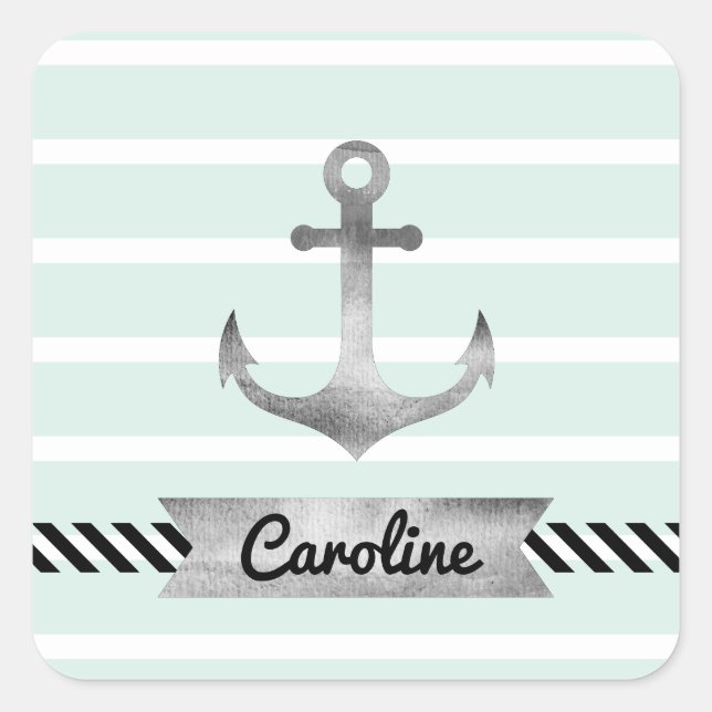 Pegatina Cuadrada Guay Nautical Mint Stripes Anchor Personalizado (Anverso)