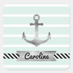 Pegatina Cuadrada Guay Nautical Mint Stripes Anchor Personalizado