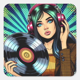 Pegatina Cuadrada Guay Pop Art Comic Style Chica con álbum Vinyl