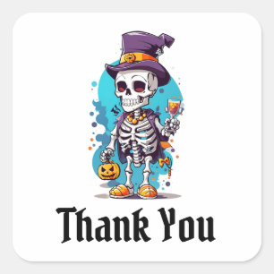Pegatina Cuadrada Guay Skeleton en un Top Hat Halloween Gracias