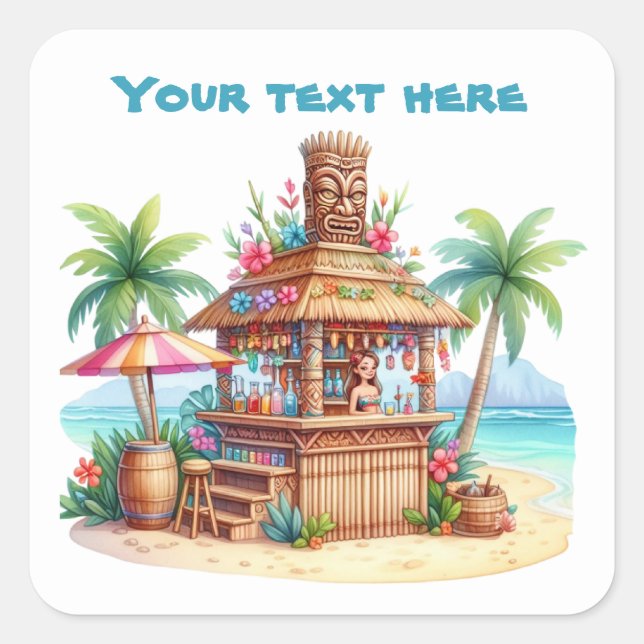 Pegatina Cuadrada Guay tiki hut beach añadir texto (Anverso)