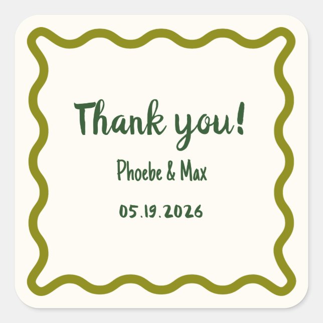 Pegatina Cuadrada Guay Wavy Border escrito a mano Gracias Boda (Anverso)