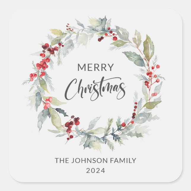 Pegatina Cuadrada Guerra de invierno de navidades de Berries Rojas (Anverso)
