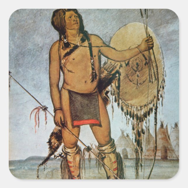 Pegatina Cuadrada Guerrero comanche con escudo, lanza y arco y (Anverso)