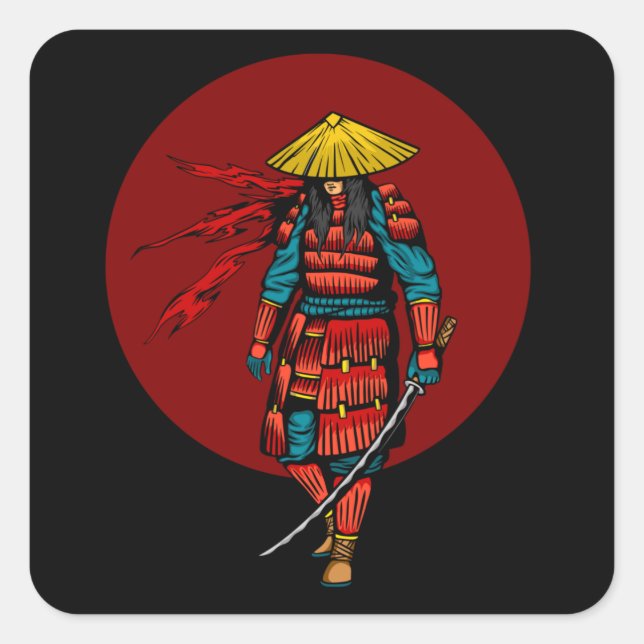 Pegatina Cuadrada Guerrero de Samurai al atardecer con Katana (Anverso)