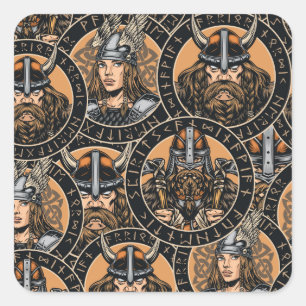 Pegatina Cuadrada Guerreros de Viking: Colorido patrón de época