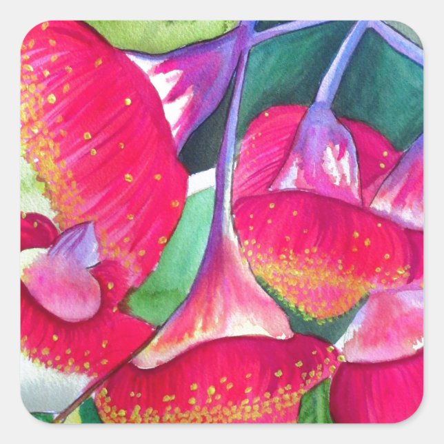 Pegatina Cuadrada Guimanes de flores rojas australianos acuarela art (Anverso)