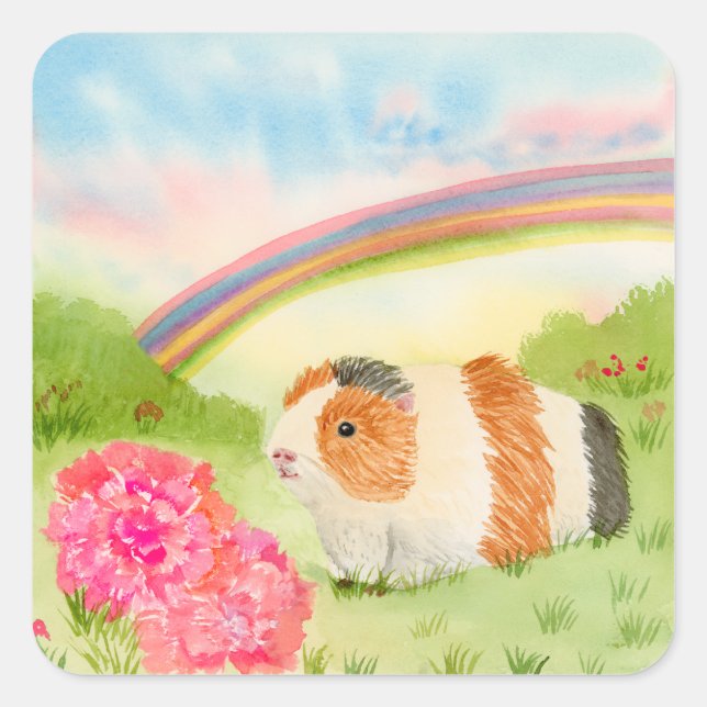 Pegatina Cuadrada Guinea Pig Rainbow with Carnations  (Anverso)