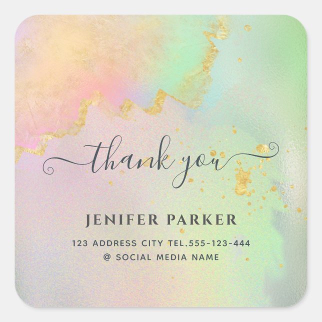Pegatina Cuadrada Guión de acuarela de oro holográfico de agradecimi (Anverso)