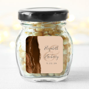 Pegatina Cuadrada Guion de Agata Geoda Mocha Marrón Dorado Tan Boda