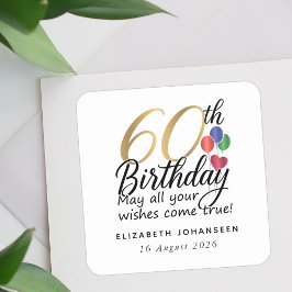 Pegatina Cuadrada Guión de cumpleaños número 60 Tipografía dorada Hi