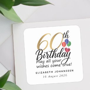 Pegatina Cuadrada Guión de cumpleaños número 60 Tipografía dorada Hi
