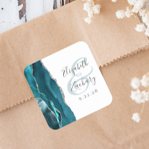 Pegatina Cuadrada Guion de geoda de ágata azul teal plata Boda