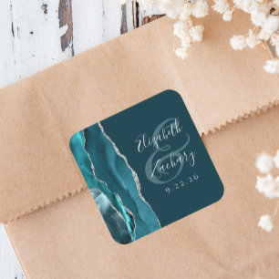 Pegatina Cuadrada Guion de geoda de ágata azul teal plata Boda