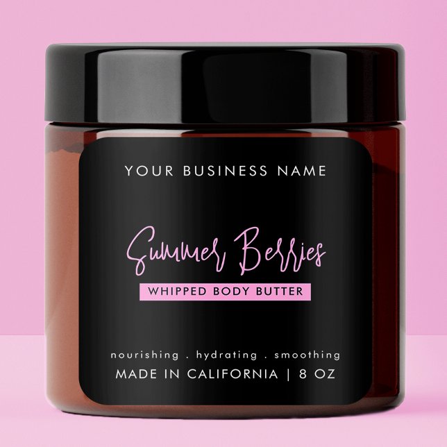 Pegatina Cuadrada Guión de moda Black Pink Body Butter Jar Cosmético (Trendy Script Black Pink Body Butter Cosmetic Jar Square Sticker)