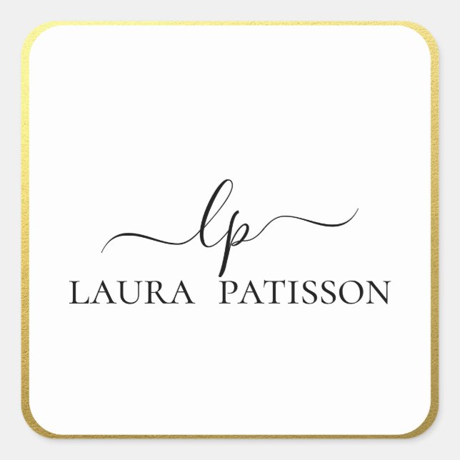 Pegatina Cuadrada Guión de moda elegante dorado con monograma (Anverso)