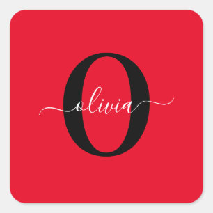 Pegatina Cuadrada Guión de nombre con monograma personalizado rojo n