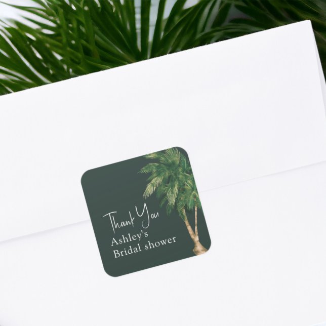 Pegatina Cuadrada Guión de vegetación tropical árbol de palma agrade (Tropical greenery script palm tree bridal thank square sticker)