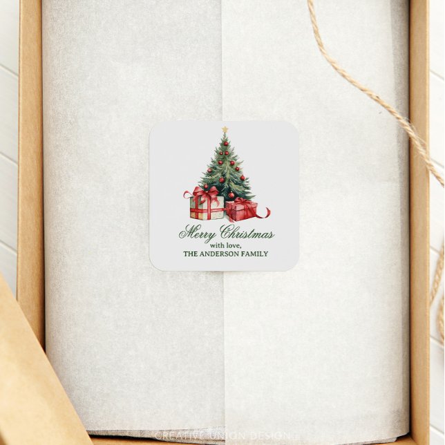 Pegatina Cuadrada Guión elegante del árbol navideño acuarela (Subido por el creador)