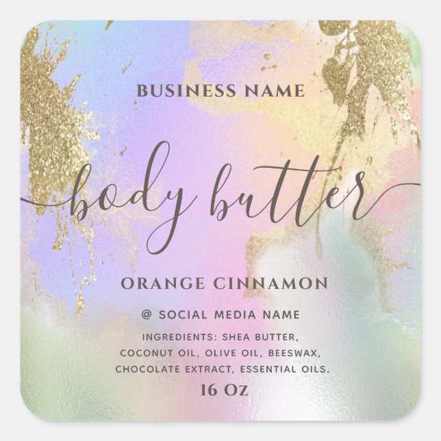 Pegatina Cuadrada Guión holográfico líquido purpurina oro moderno (Anverso)