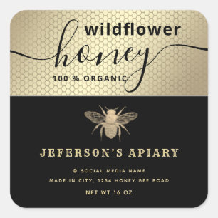 Pegatina Cuadrada Guión moderno de abeja dorada negra Honey jar Clas