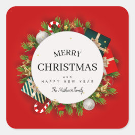 Pegatina Cuadrada Guión Navidades Rojos Regalos Y Firma Familiar