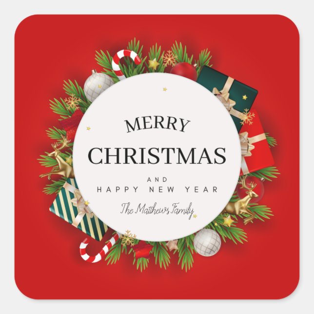 Pegatina Cuadrada Guión Navidades Rojos Regalos Y Firma Familiar (Anverso)