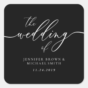 Pegatina Cuadrada Guión personalizado boda Minimal Negro