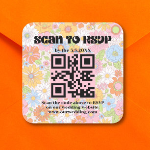 Pegatina Cuadrada guión retro vintage rsvp qr boda de código floral