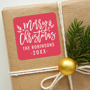 Pegatina Cuadrada Guión Rojo Navidad Moderna Nombre de Familia