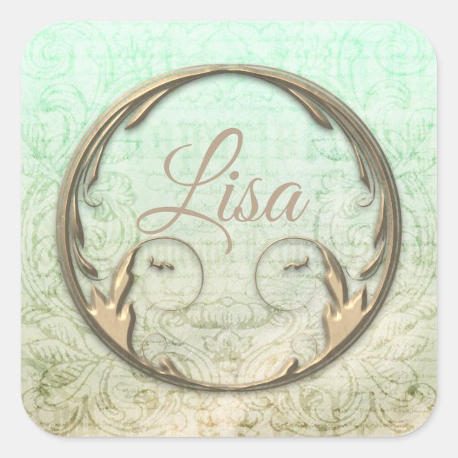 Pegatina Cuadrada Guión victoriano de Damask oro verde elegante (Anverso)