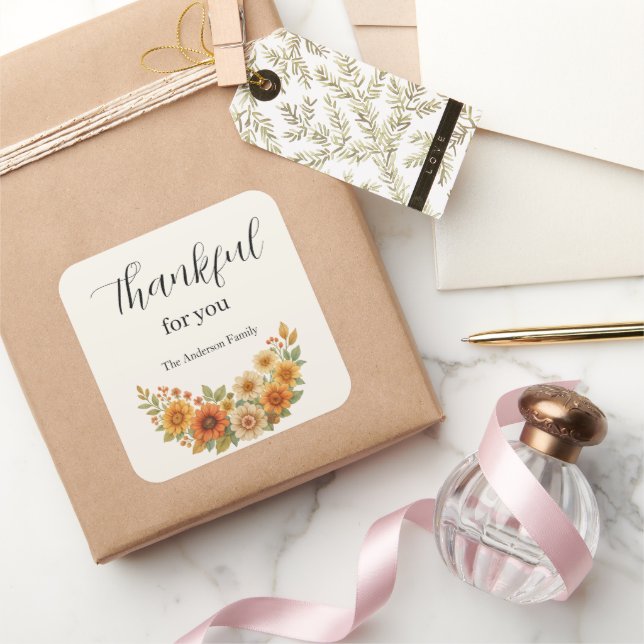 Pegatina Cuadrada Guirnalda de Otoño - Acción de Gracias Floral de C (Regalar)