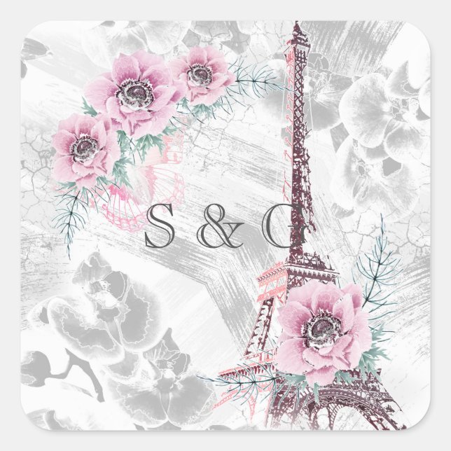 Pegatina Cuadrada Guirnalda elegante de flores rosas. (Anverso)