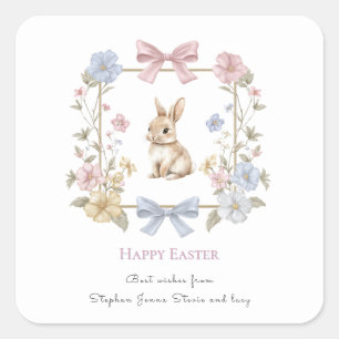Pegatina Cuadrada Guirnalda floral de conejito de Pascua Sticker