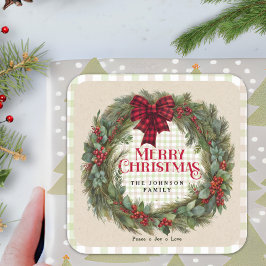 Pegatina Cuadrada Guirnalda rústica de cuadros Nombre de la familia 