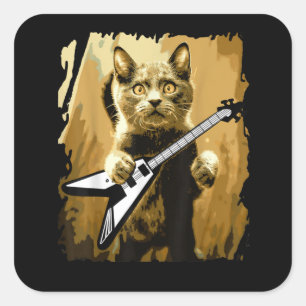 Pegatina Cuadrada Guitarista de rock de gato fuerte y Metalizado