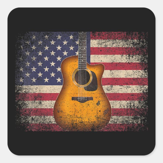 Pegatina Cuadrada Guitarra 4 de julio Regalo Bandera Americana USA - (Anverso)