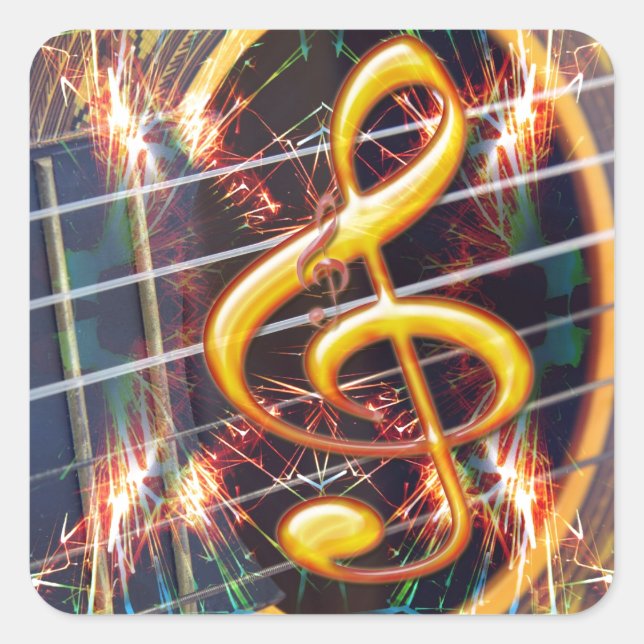 Pegatina Cuadrada Guitarra Acústica Psicólica, diseño de hojas de mú (Anverso)