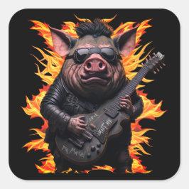 Pegatina Cuadrada Guitarra de metal de cerdo Ham Rock And Roll Músic