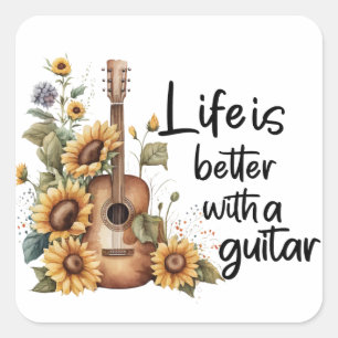 Pegatina Cuadrada Guitarra De Nombre personalizar Con Girasol